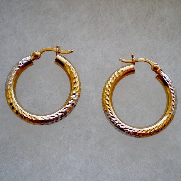 Vintage Designer 14K Yellow White Gold Diamond Cut Hoop...